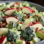 Healthy Honeycrisp apple broccoli salad with walnuts and cranberries in a decorative bowl.