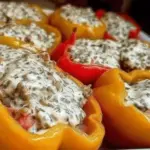 Colorful cream cheese stuffed peppers on a white platter, perfect for appetizers and healthy snacking.