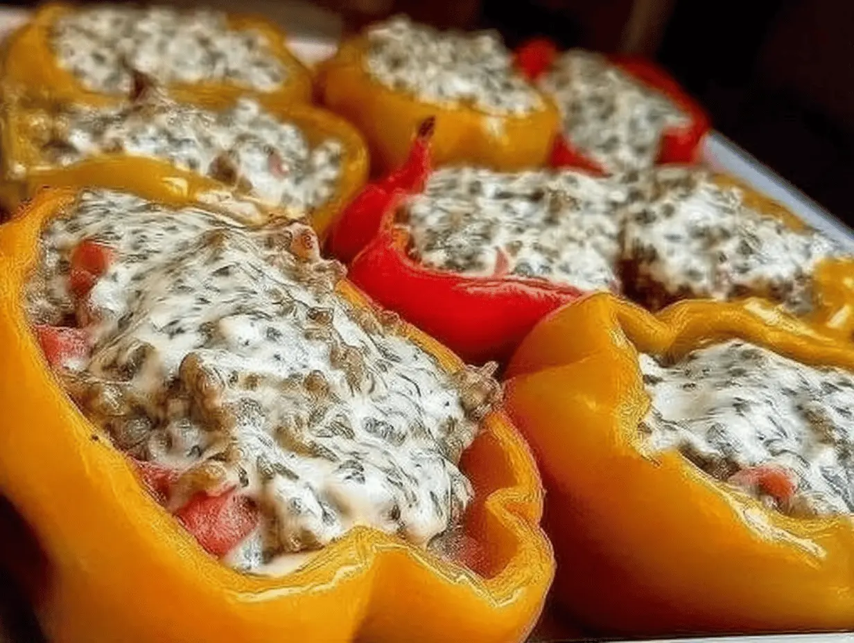 Colorful cream cheese stuffed peppers on a white platter, perfect for appetizers and healthy snacking.