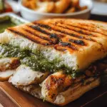 Delicious grilled chicken pesto sandwich with fresh basil and sweet potato fries on a wooden table, perfect for summer lunch.