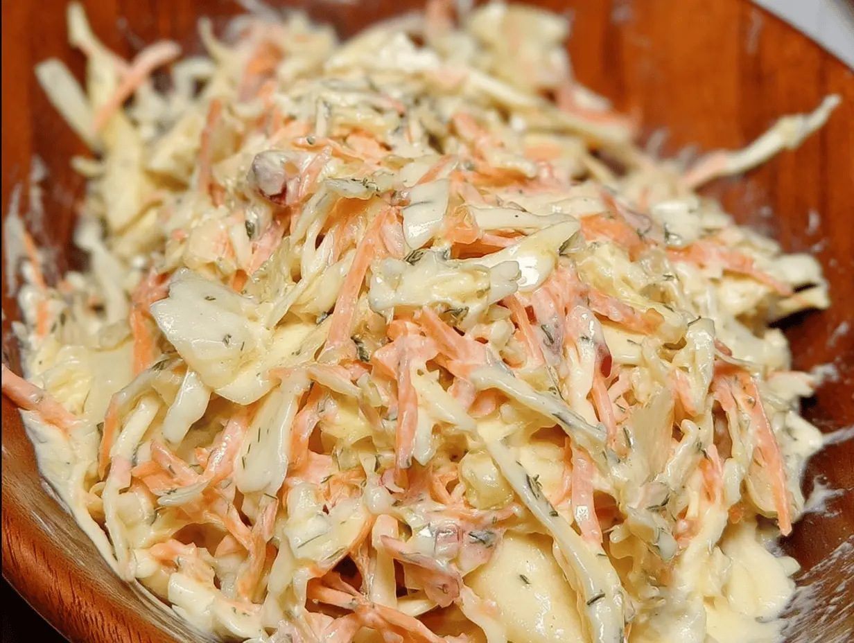 Super creamy coleslaw salad with fresh vegetables and herbs, perfect side dish for summer BBQs.
