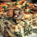 Creamy spinach mushroom lasagna with layers of cheese and fresh spinach, perfect for family dinners.