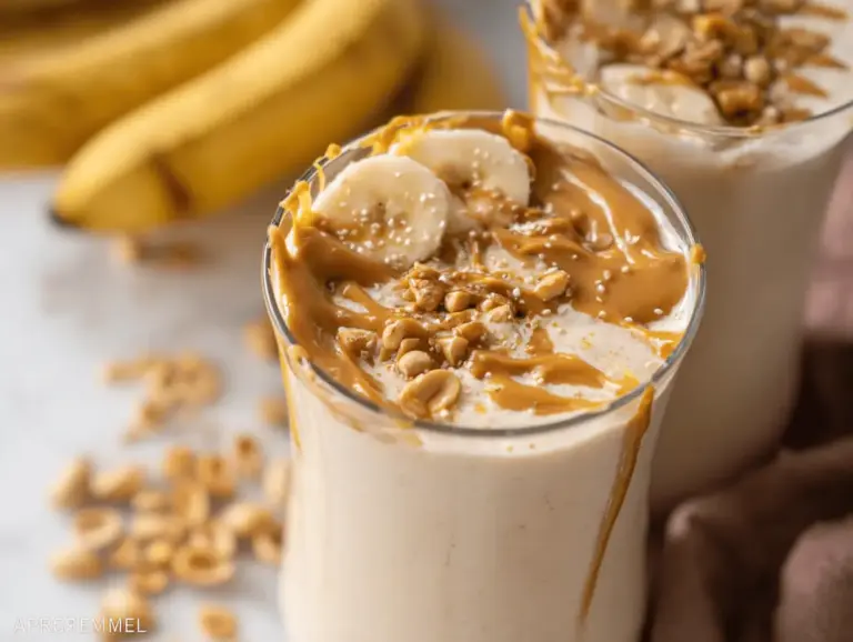 Healthy peanut butter banana smoothie with banana slices and chia seeds on top, perfect for breakfast or a post-workout snack.