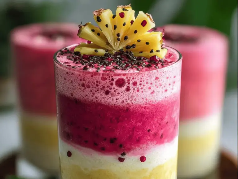 Refreshing hibiscus pineapple smoothie in a glass garnished with pineapple slices and hibiscus flowers, perfect for summer hydration.