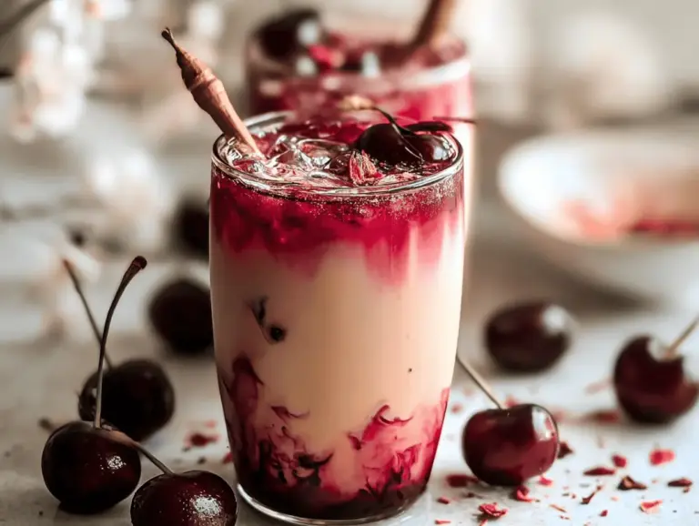 Iced Cherry Earl Grey Milk Tea with fresh cherries and mint in a clear glass on a wooden table.