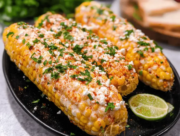 Delicious Mexican street corn elote served with creamy toppings and spices, perfect for summer BBQs.